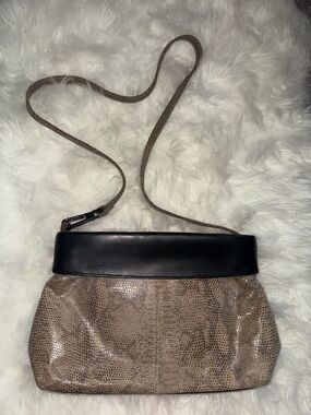 Madison Studio Taupe Snake-Print Shoulder Bag with Black Trim
